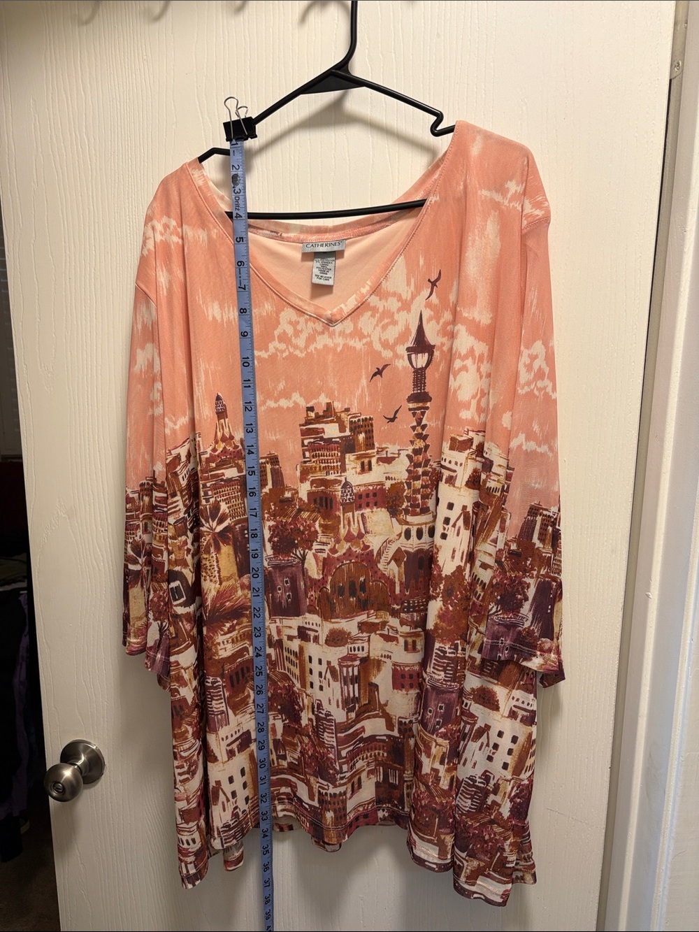 Catherines Peach Cityscape V-Neck Blouse